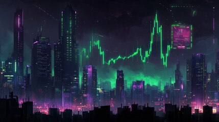 Futuristic cityscape at night, illuminated by vibrant green and purple lights, with a prominent stock market chart overlayed on the skyscrapers