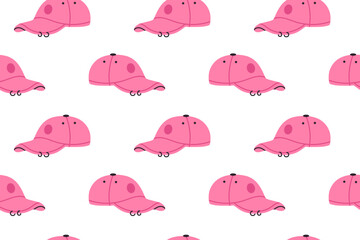 Seamless pattern with pink baseball caps on white background