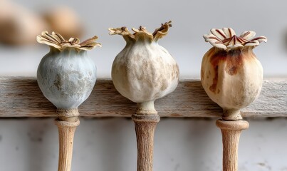 Dried poppy seed pods on wooden sticks display a range of aging textures and hues, set against a neutral backdrop