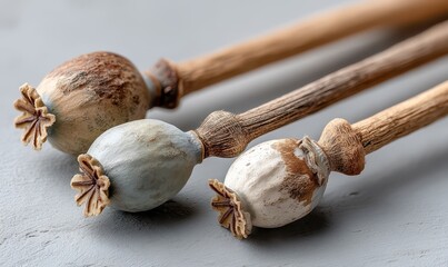 Dried Poppy Seed Pods: Rustic Decoration with Wooden Stems on Neutral Backdrop
