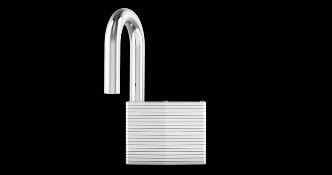 Padlock opens and closes, animation seamlessly loopable. 3D rendering isolated on transparent background