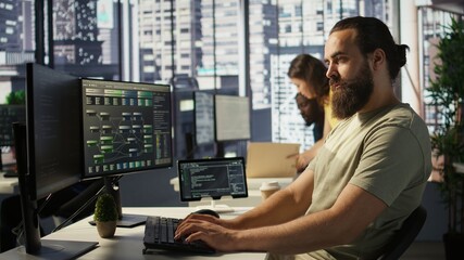 Portrait of smiling machine learning infrastructure engineer developing algorithms to learn from...