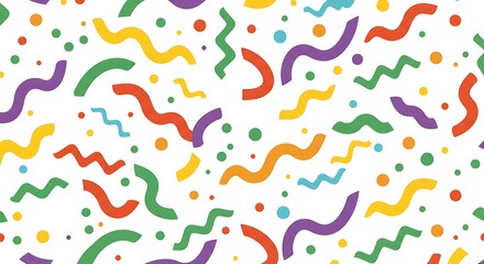 Colorful abstract seamless pattern with squiggle lines and dots. Fun retro geometric background illustration.