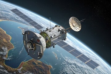 Obraz premium Satellite Orbiting Earth with Solar Panels and Communication Dish