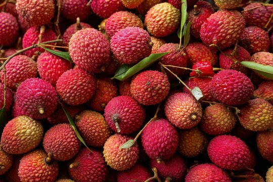 Background of exotic lychee fruits Full frame image of harvested litchis Asian cuisine Vertical shot Selective focus