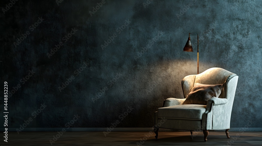 Poster A cozy armchair is illuminated by a floor lamp, creating a warm and inviting atmosphere against a textured wall. Serene and comfortable.