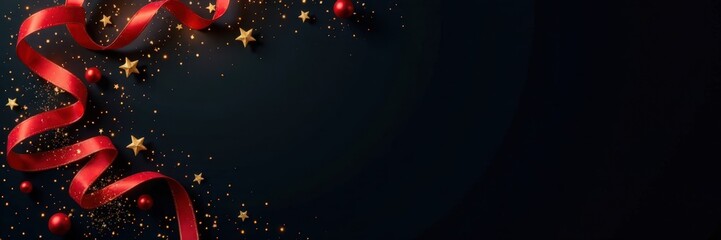 Christmas greetings banner with swirl ribbons and stars on black background, Festive Decor, Holiday Decorations, Christmas Banners