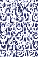 Intricate, repeating wave pattern design.  Layers of stylized, curving lines in deep indigo blue against a crisp white background, creating a textured, almost mountainous effect