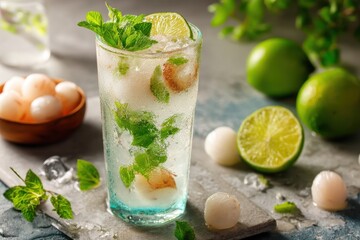 Fototapeta premium Chilled lychee beverage with lime mint and ice A non alcoholic sparkling refreshment ideal for staying hydrated in summer