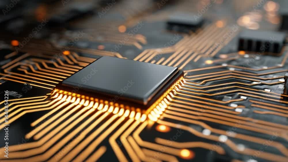 Poster glowing circuit board: a close-up shot of a complex circuit board, the glowing components suggesting