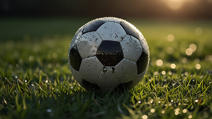 Fototapeta premium Close-Up of Soccer Ball with Wet Droplets on Grass Field: Perfect for Outdoor Sports and Teamplay Photography