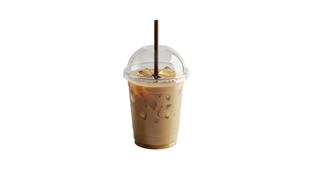 Iced coffee in takeaway cup with straw on transparent background