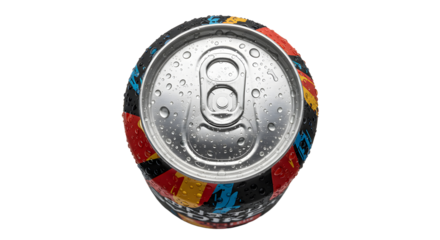 Top-down view of a refreshing soda can with condensation on transparent background