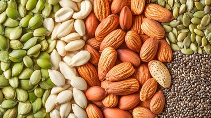 Naklejka premium Assorted Nuts and Seeds Background Texture, Almonds, Pumpkin Seeds, Chia Seeds, Peanuts