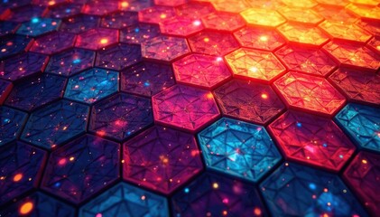 Intricate tessellation of hexagons and triangles, vibrant, illustration