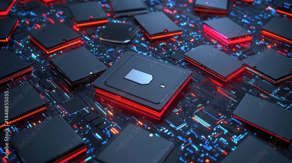 Poster abstract digital circuit board with glowing red and blue lines. a sim card is shown in the center of