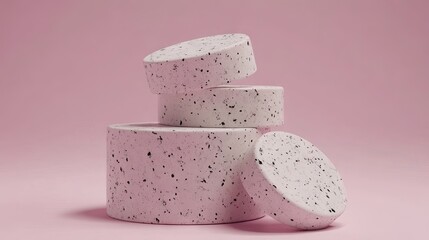 Stacked geometric forms on a pastel background.