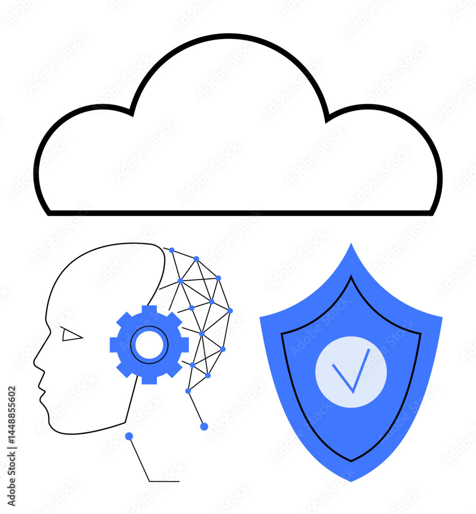 Aufkleber cloud above abstract ai face with neural lines, gear symbolizing technology, and shield with checkma