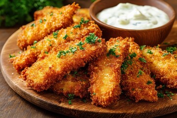 Fototapeta premium Crispy fish fingers served with tartar sauce on a dish