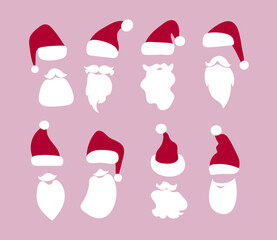 Collection of Santa Claus hat and beard Vector illustration. Original  Christmas design on a pink background.