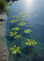 Submerged plants create unique footprint-like shapes in a tranquil pool reflecting the sky,  natural,  organic,  graphic