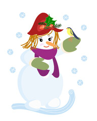 Vector cute snowgirl in a hat, scarf and mittens with a bird in his hand.
snowgirl on a white background.
