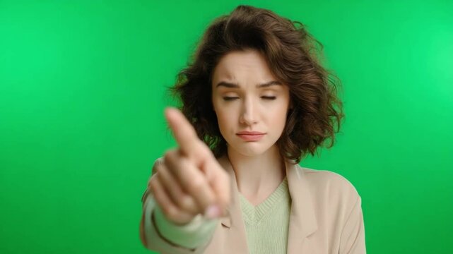 Don't Do It: A woman with a determined expression points her index finger directly at the camera, a strong and assertive gesture, against a green background.