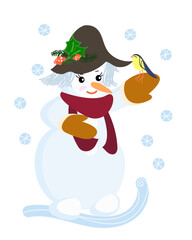 Vector cute snowman in a hat, scarf, and mittens with a bird in his hand on a white background.