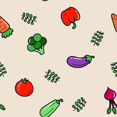 Food ingredients vector seamless pattern with vegetables: carrot, tomato, eggplant, broccoli, bell pepper, zucchini, radish. Design for kitchen, cafe, textile.