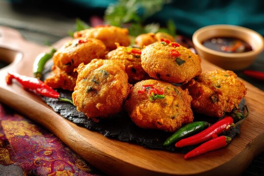Crispy Moong Dal Vada also called fritters accompanied by fried chili and hot sauces displayed on a vibrant or wooden surface