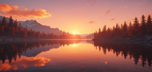 Obraz premium Serene sunset paints the calm lake with fiery hues , colors, light, tranquil