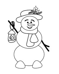 Vector linear illustration of a snowman holding a lantern. New Year's illustration, children's coloring book