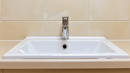 Modern Bathroom Sink with Chrome Faucet Beige Tile Background