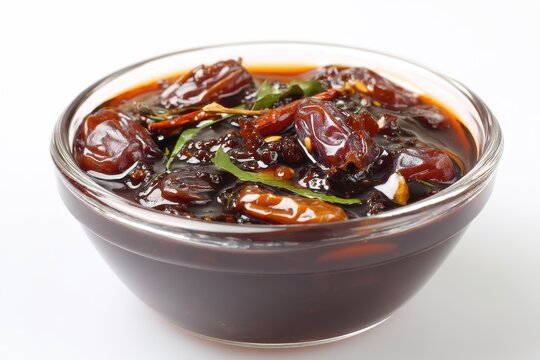 Date and tamarind chutney served in a glass bowl with spices on a white background