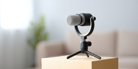 A standalone microphone is placed on a wooden surface with a blurred living room background. Audio equipment, home recording, podcast setup