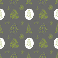 Vector seamless pattern with Christmas trees, trees, bushes. Stylized, minimalist, hand-drawn trees. Simple, minimalistic background for web, print, wallpaper, wrapping paper, textile, scrapbooking.