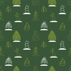 Vector seamless pattern with Christmas trees, trees, bushes. Stylized, minimalist, hand-drawn trees. Simple, minimalistic background for web, print, wallpaper, wrapping paper, textile, scrapbooking.