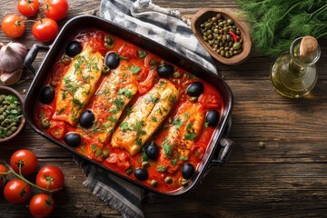 Delicious bass fillets in Mediterranean sauce with tomatoes olives and capers on a rustic wooden surface showcasing ingredients from above