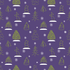 Vector seamless pattern with Christmas trees, trees, bushes. Stylized, minimalist, hand-drawn trees. Simple, minimalistic background for web, print, wallpaper, wrapping paper, textile, scrapbooking.