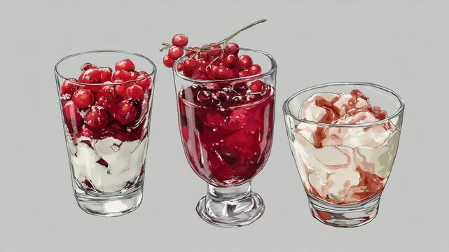 Illustrated desserts in clear glass cups with red currants and various toppings on a neutral background, showcasing different delicious treat options