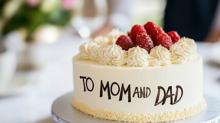 parental appreciation dessert, a homemade cake embellished with to mom and dad for global day of parents, presented elegantly with a clean background