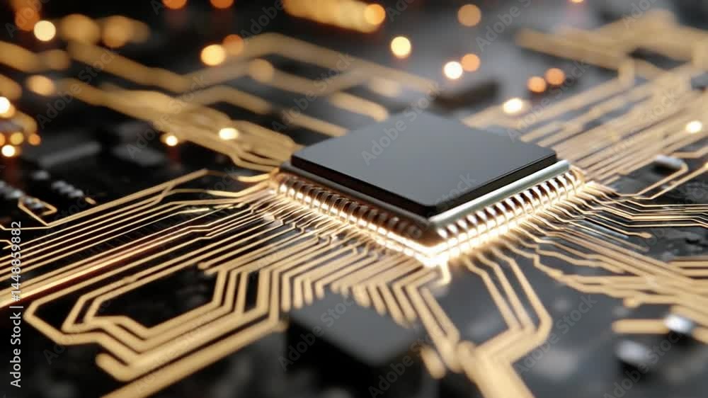 Poster golden circuitry: an eye-level view showcases a sophisticated computer chip, with intricate gold-ton
