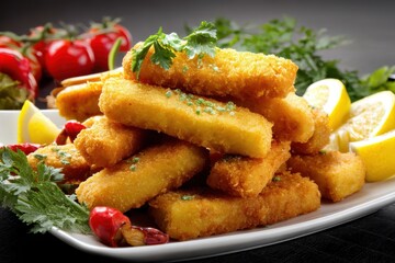 Fototapeta premium Delicious crispy fish sticks The beautifully fried fish adorned with vibrant coriander enhances the image s appeal