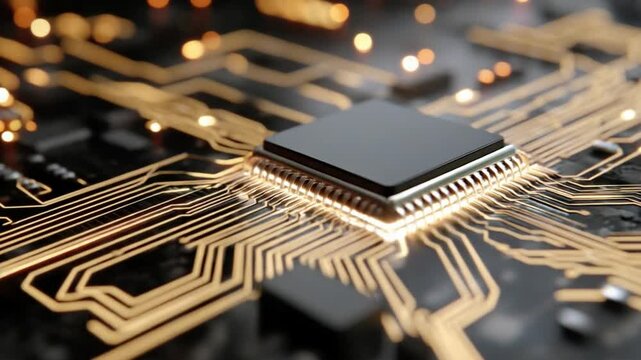 Golden Circuitry: An eye-level view showcases a sophisticated computer chip, with intricate gold-toned pathways and a central square module, symbolizing technology's core.
