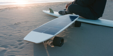 A solar-powered skateboard rests on sandy beach near person sitting. Concept: Sustainable transportation, leisure
