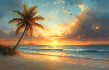 Golden beach sunset with palm tree art. Perfect for travel ads, vacation promos, summer campaigns, or tropical getaway themes. Impressionistic coastal serenity.