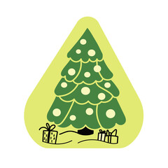 Green, black, light green and white Christmas tree with gifts and decorations. Vector illustration, stylish minimal logo design for New Year, decorations and winter holidays.