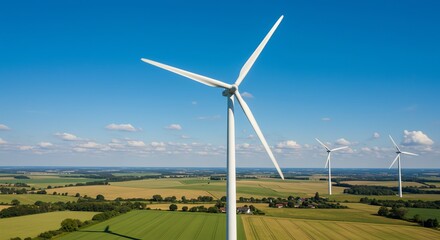 Fototapeta premium Wind Turbines in Serene Landscape: A Peaceful Aerial View