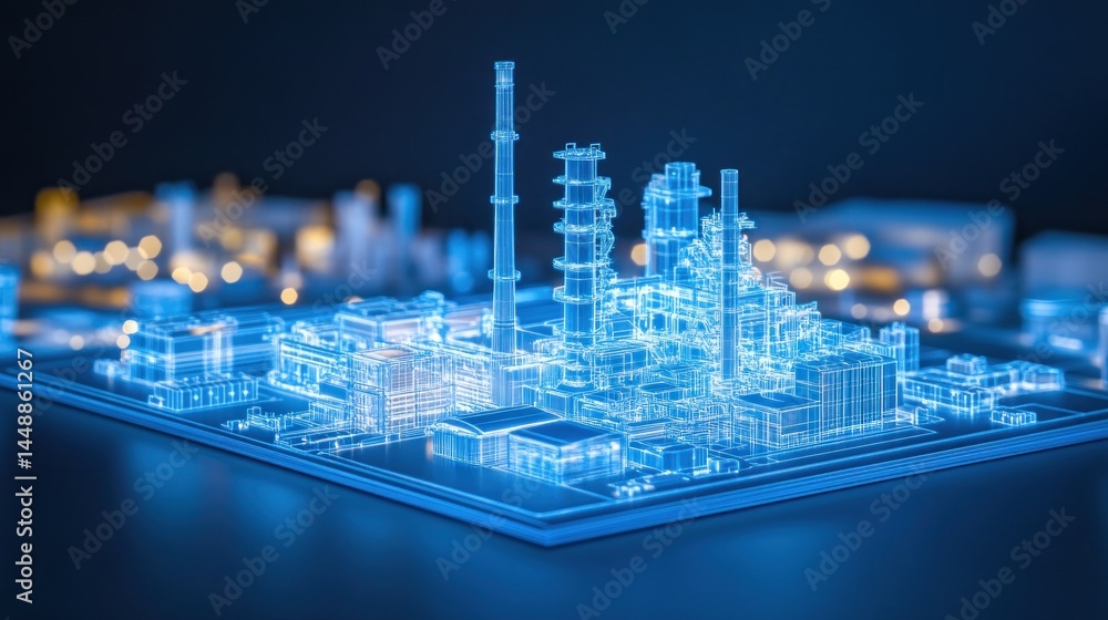 Aufkleber digital factory wireframe model: industrial complex design visualization