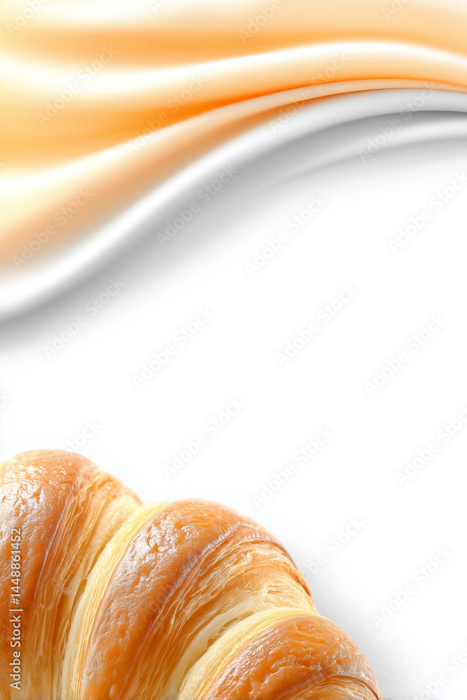 Poster flaky croissant highlighting detailed texture with soft flowing fabric in background. bright and min